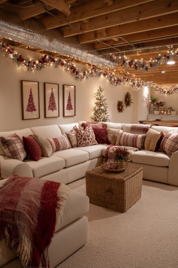 Basement Recreation Room with Popcorn Garlands and Handprint Christmas Trees