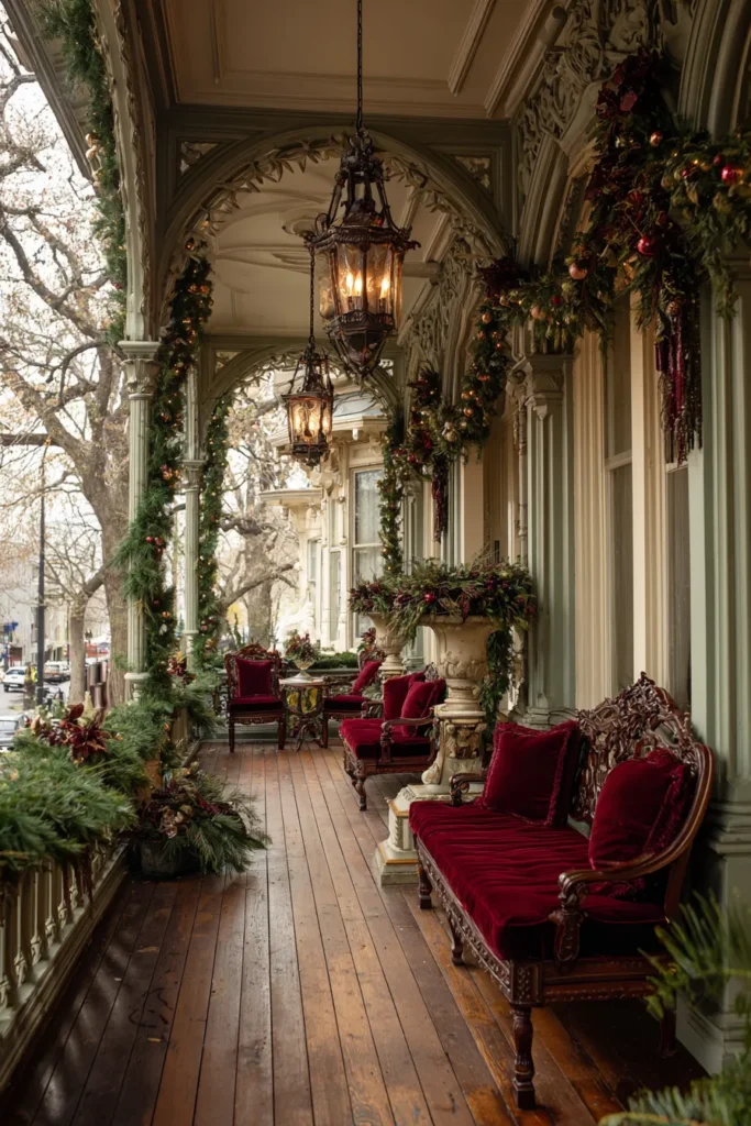 Victorian Christmas Porch with Ornate Gold and Burgundy Decor