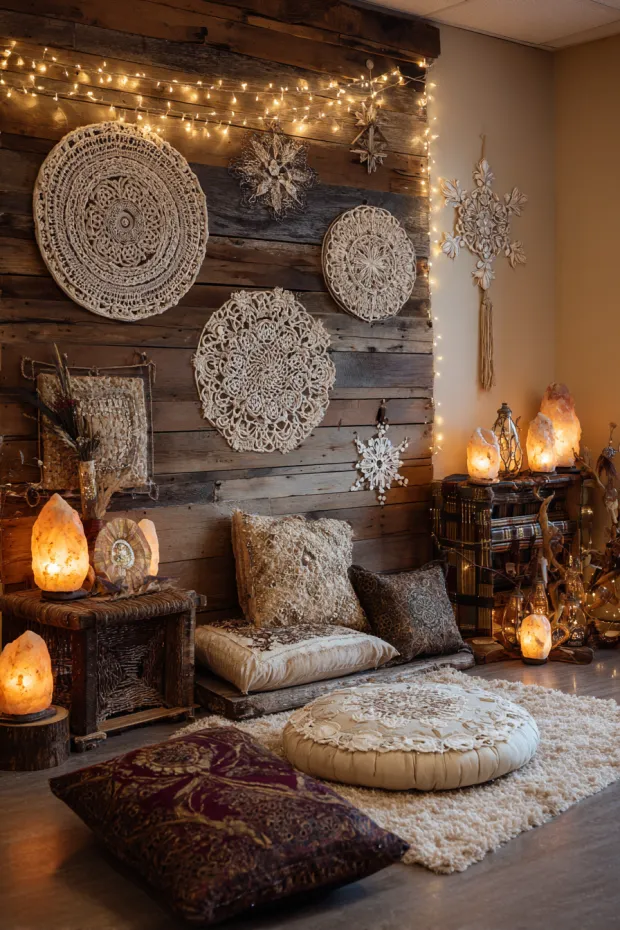 Yoga Studio Wall with Mandala Christmas Designs and Meditation Cushions