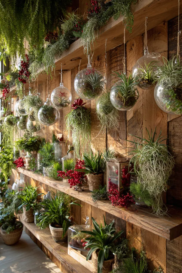 Greenhouse Room Wall with Living Christmas Decorations and Vertical Plants