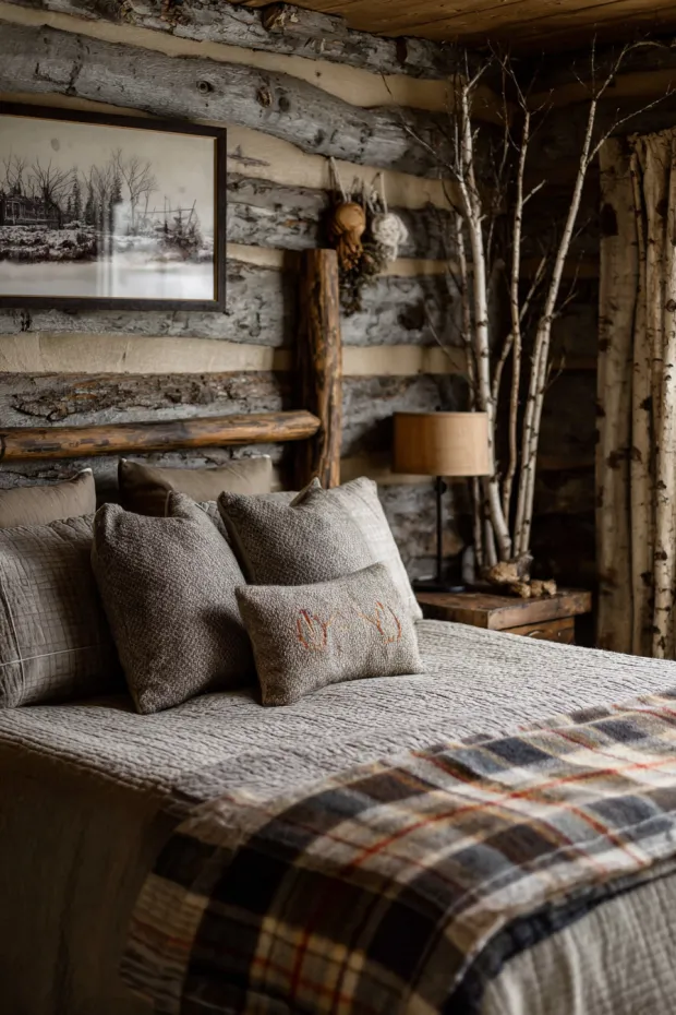 Rustic Cabin Bedroom with Birch Branches and Earth-Toned Felt Ornaments