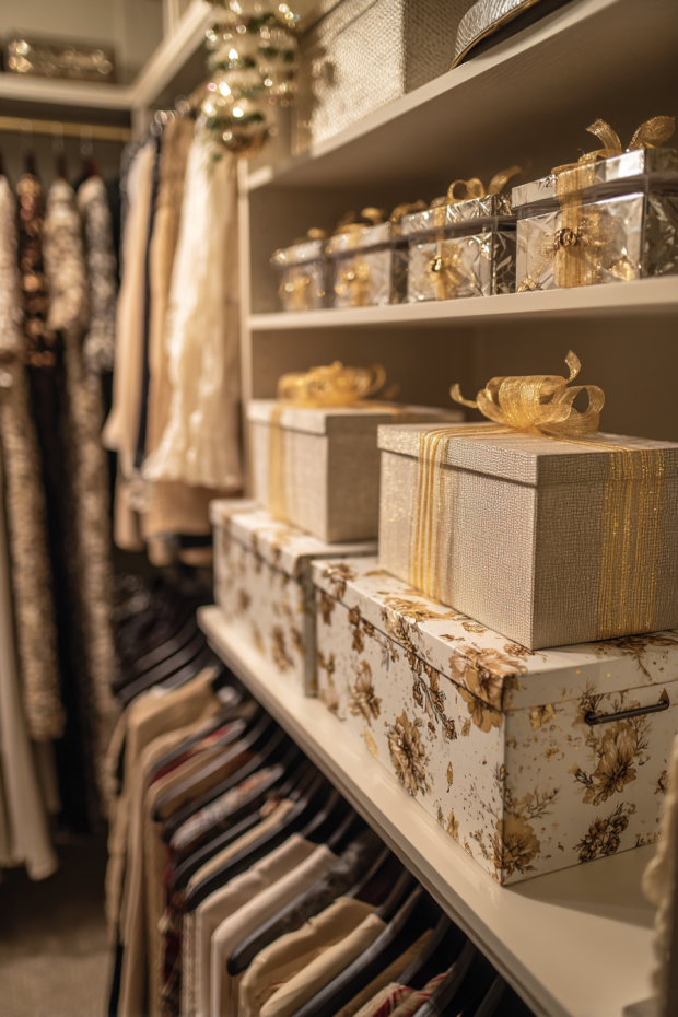 Walk-in Closet with Wrapping Paper Storage Boxes and Ribbon-Wrapped Hangers