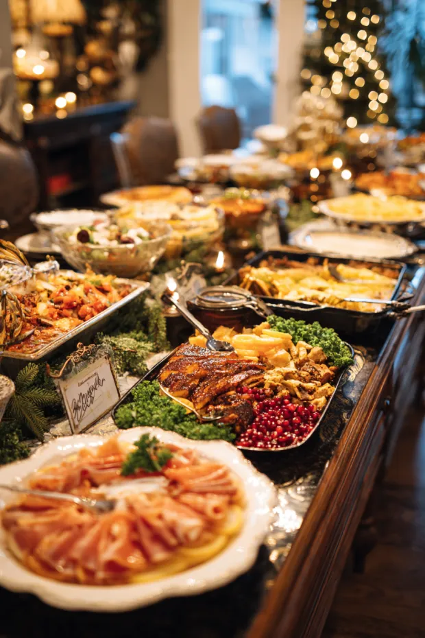 Potluck Christmas Dining Celebration with Festive Buffet Presentation