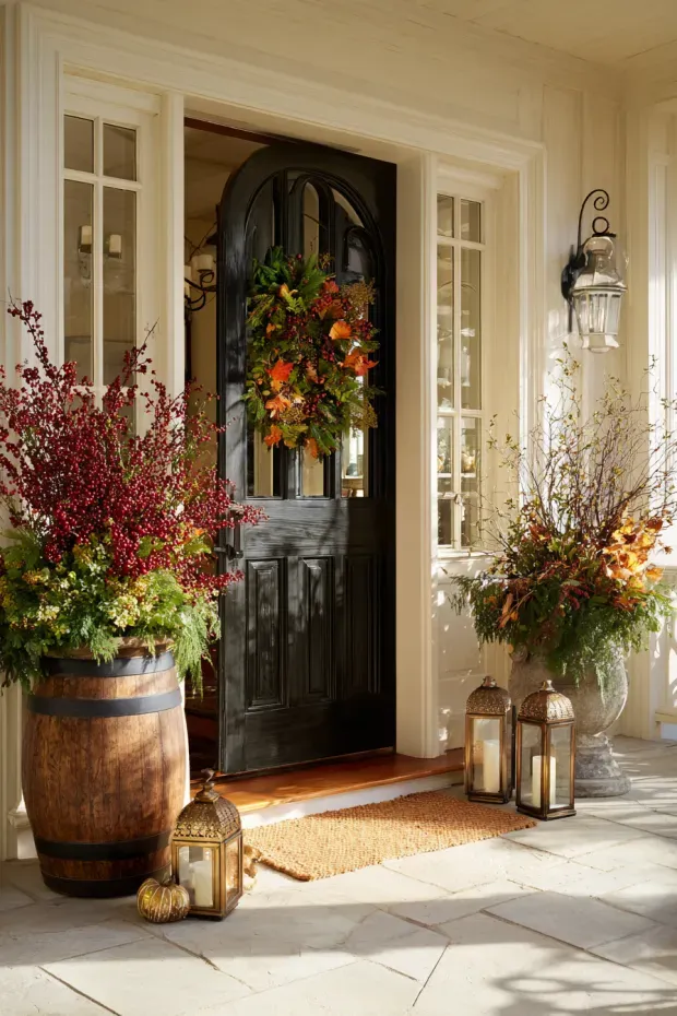 Traditional Entryway Display with Seasonal Wreaths and Branch Accents