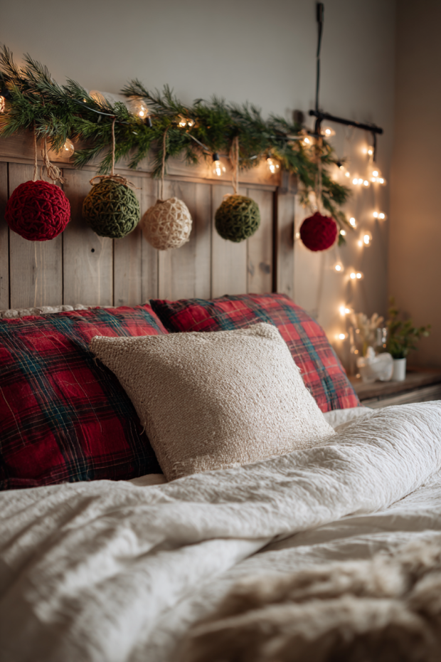 Bedroom with Simple Evergreen Garland and DIY Fabric Ornaments