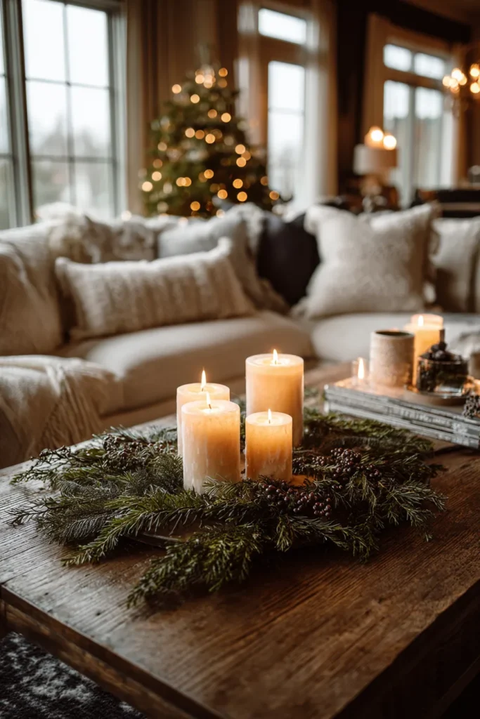 Candlelit Christmas Living Room with Evergreen Glow