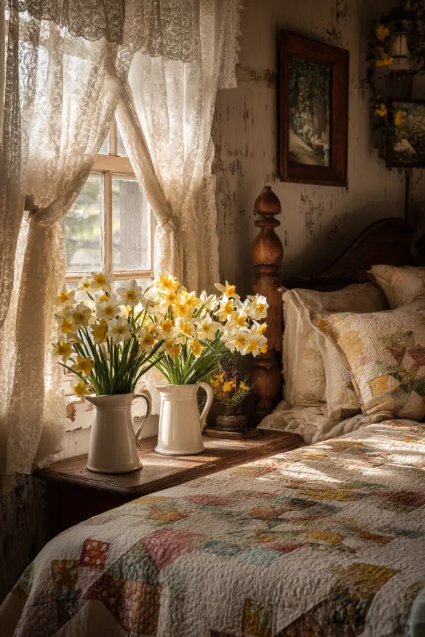 Guest Bedroom with Vintage Easter Egg Quilt and Fresh Daffodils