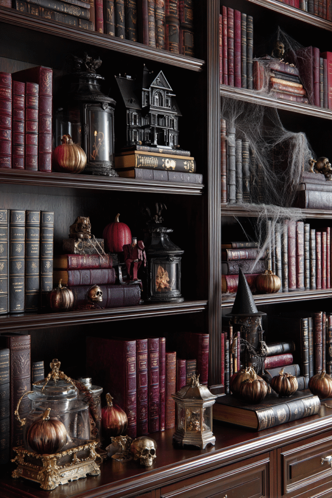 Home Office Halloween Spooky Bookcase and Decor Ideas