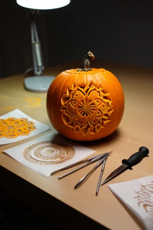 Intricate Mandala Pattern Pumpkin with Stencil Design