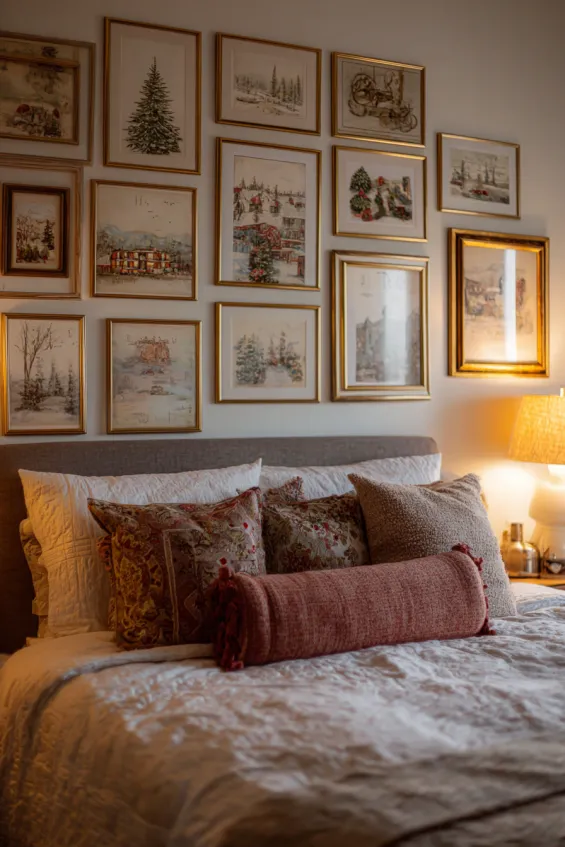 Master Bedroom Gallery Wall with Vintage Christmas Prints in Gold Frames