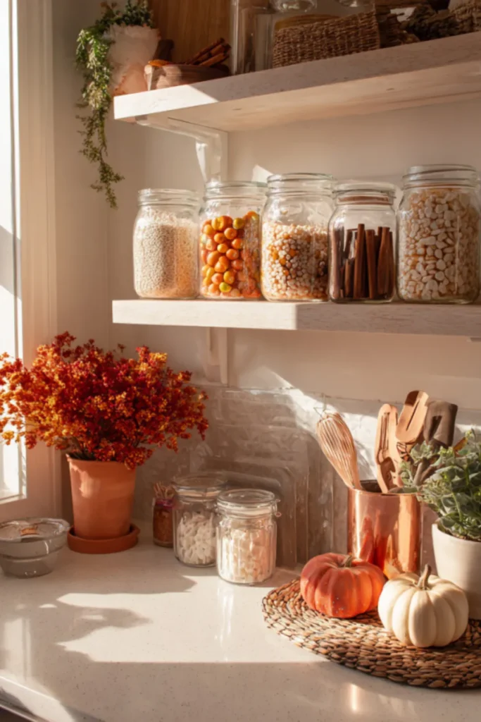 Small Kitchen Fall Decor with Open Shelving Display