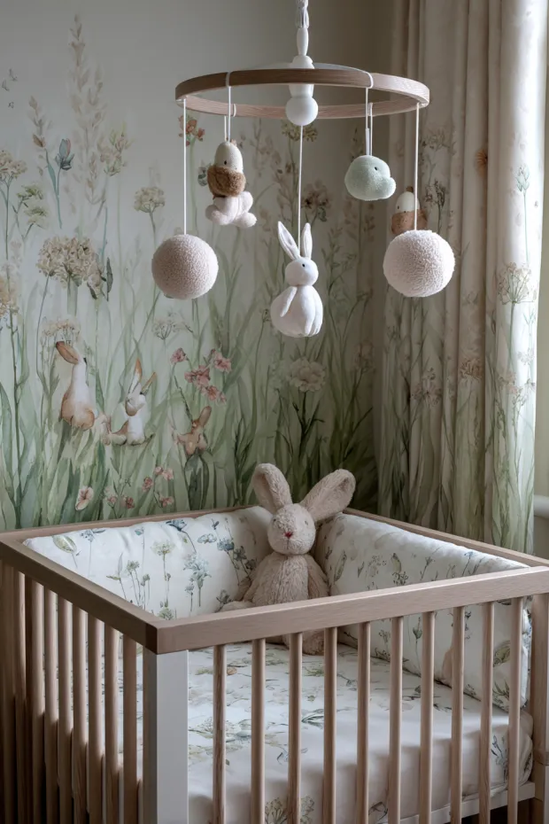 Modern Nursery with Fabric Easter Mobile and Watercolor Meadow Murals