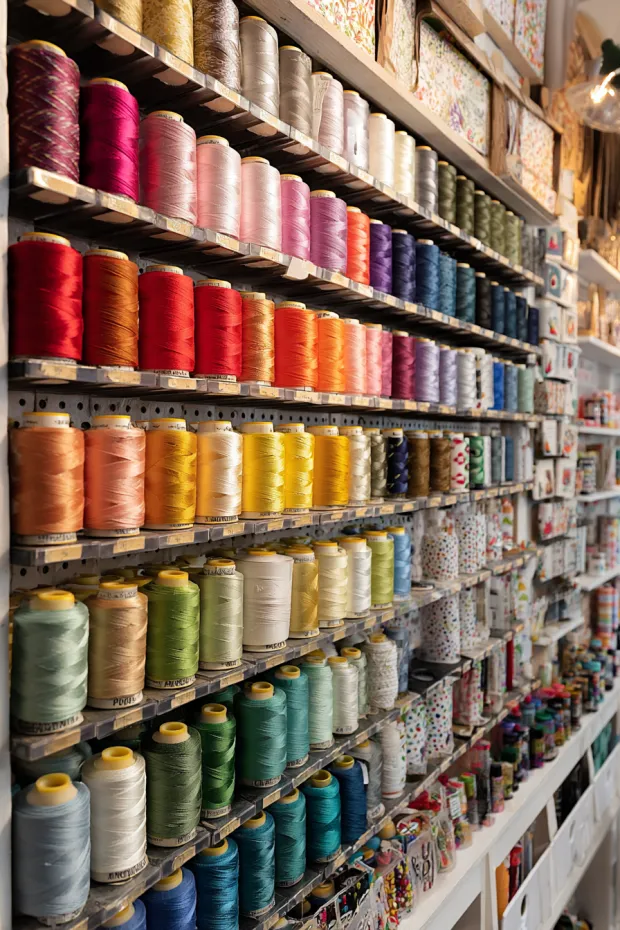 Sewing Room Wall with Thread Spool Color Gradients and Fabric Samples