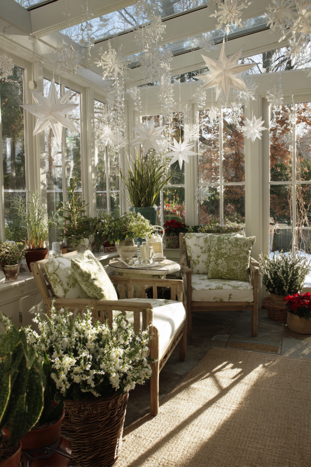 Sunroom with Forced Paperwhite Bulbs and Paper Snowflake Windows