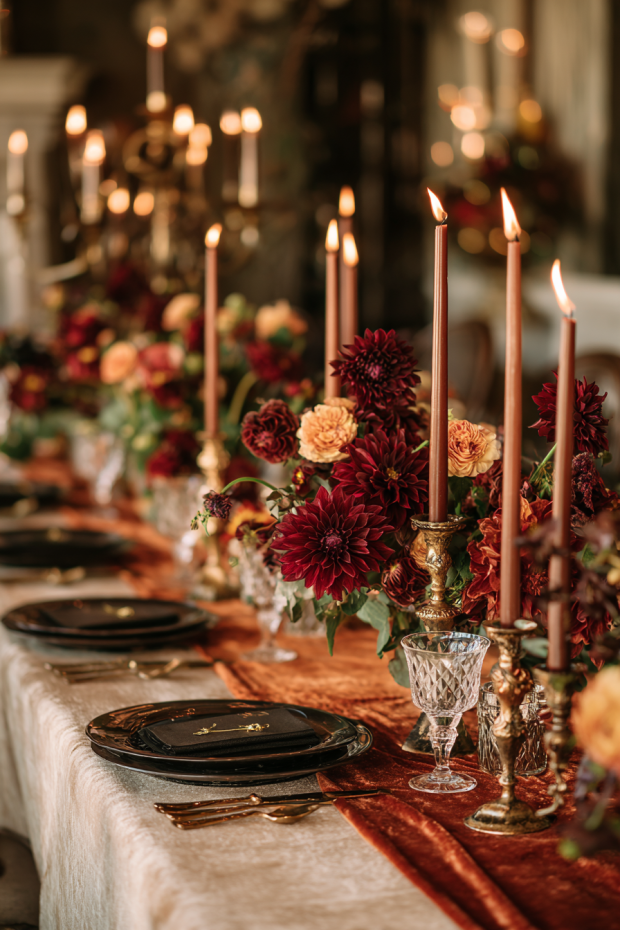 Velvet Runner Brass Dahlia Arrangements