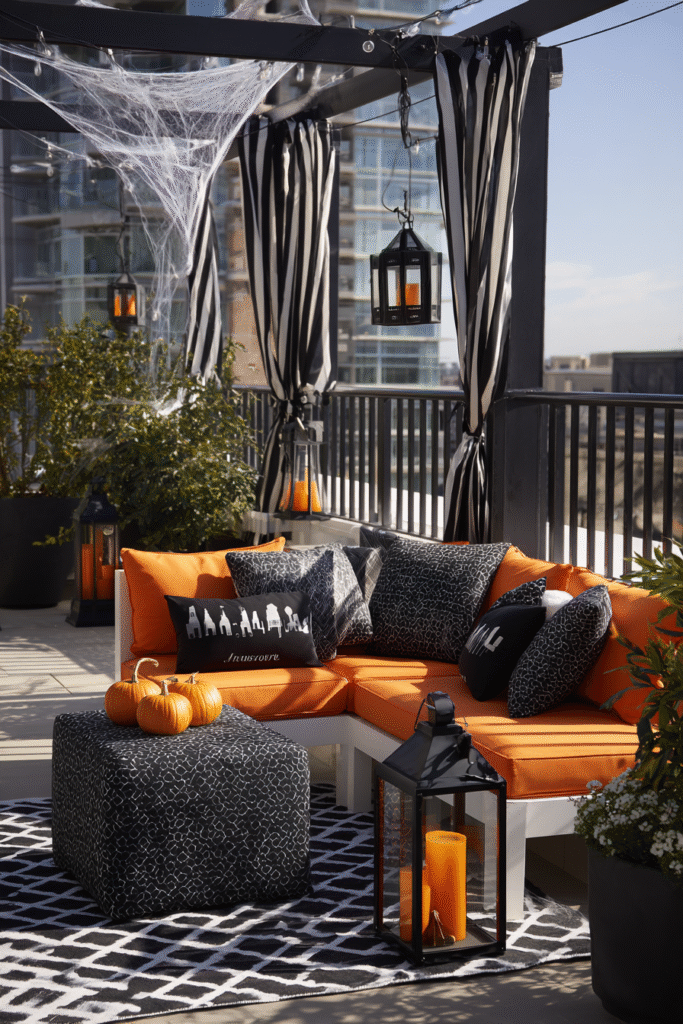 Rooftop Terrace Outdoor Living Black White and Orange Halloween Decor Ideas