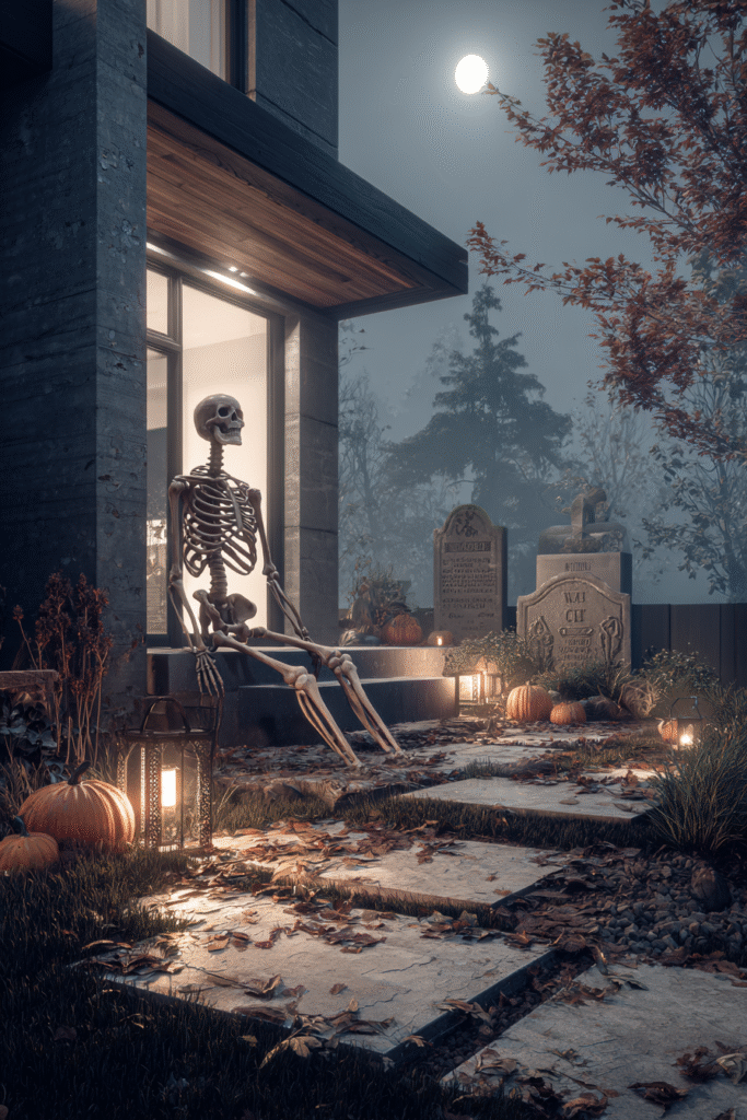 Halloween Horror Skeleton Rising in Front of a Modern House