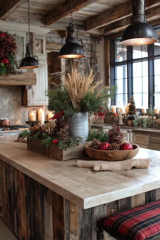 Rustic Kitchen Island with Wheat, Corn Stalks, and Evergreens