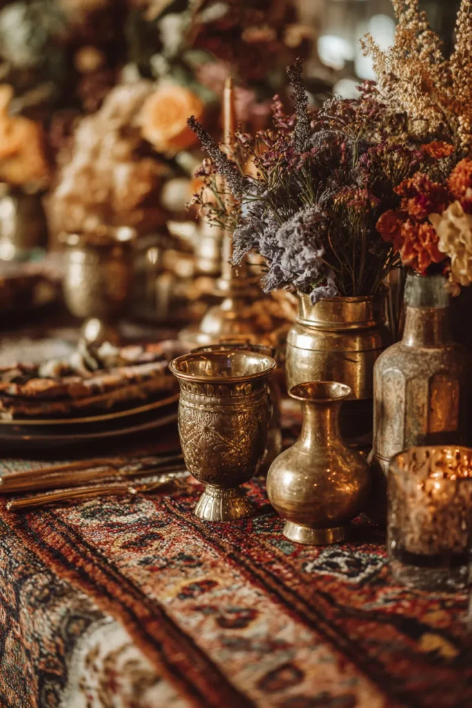 Layer Vintage Rugs as Tablecloth