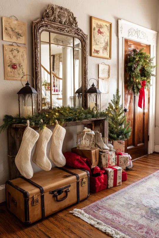 Vintage Christmas Entryway with Antique Coat Rack Display