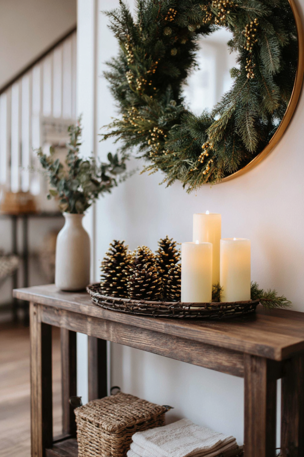 Entryway Console with Gold Spray-Painted Pinecones and LED Candles