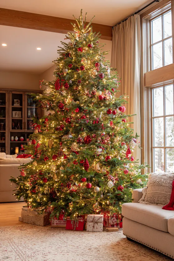 Family Heirloom Christmas Tree Ideas with Red Memory Ornaments