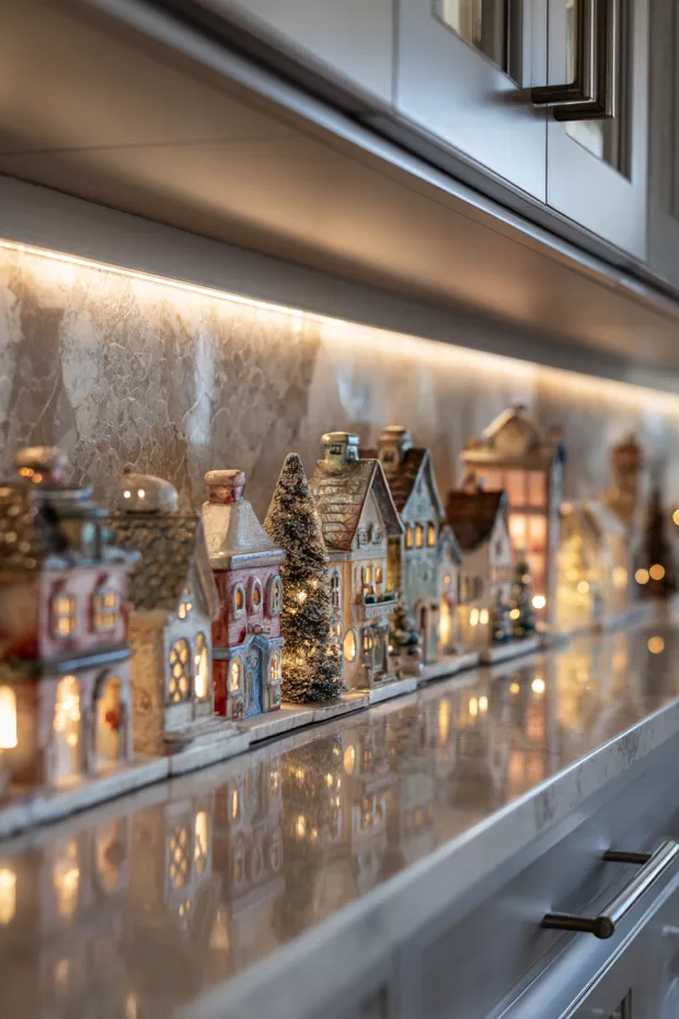 Kitchen Backsplash with Magnetic Christmas Village and Under-Cabinet Lighting