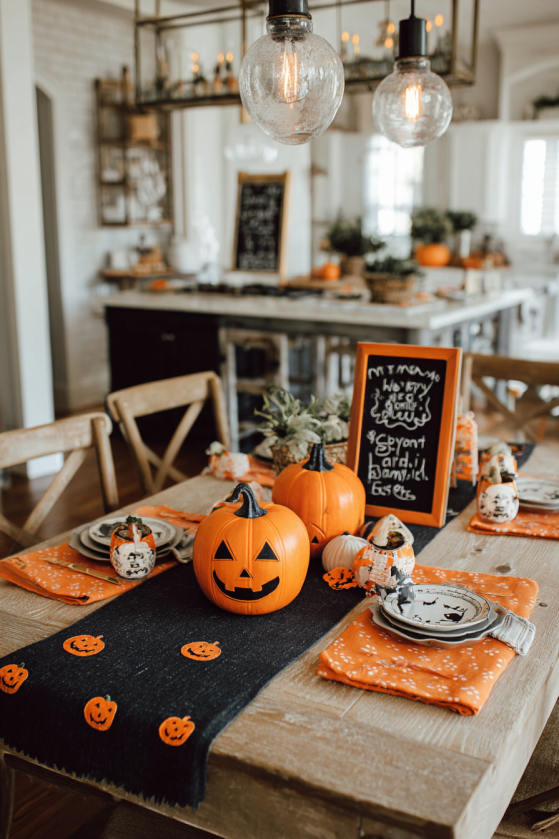Kitchen Breakfast Nook with Halloween Pumpkin Table Runner