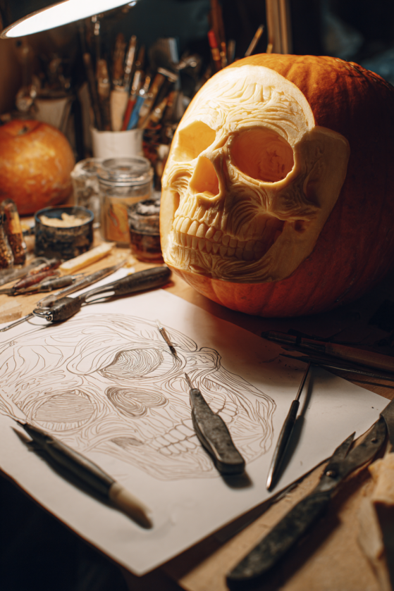 Skull Design Pumpkin Carving Work in Progress with Tools