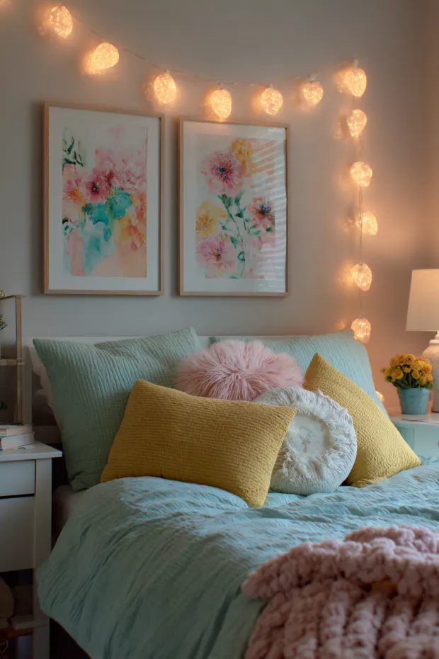 Teen Bedroom with String Light Egg Shapes and Pastel Watercolor Art