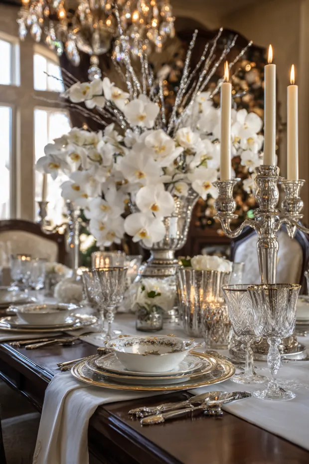 Elegant Formal Christmas Dining Table with Luxurious Centerpieces