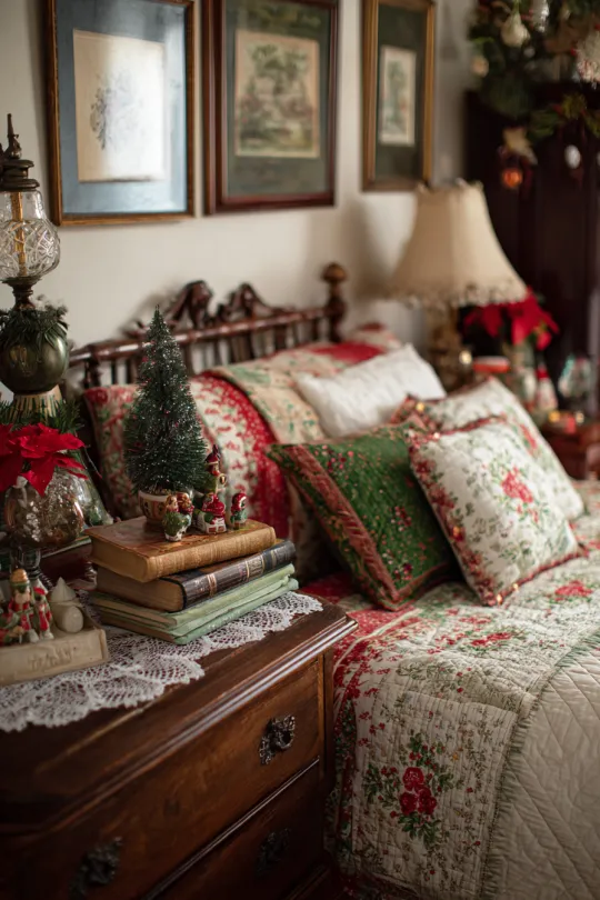 Cozy Vintage Christmas Bedroom with Quilted Holiday Bedding