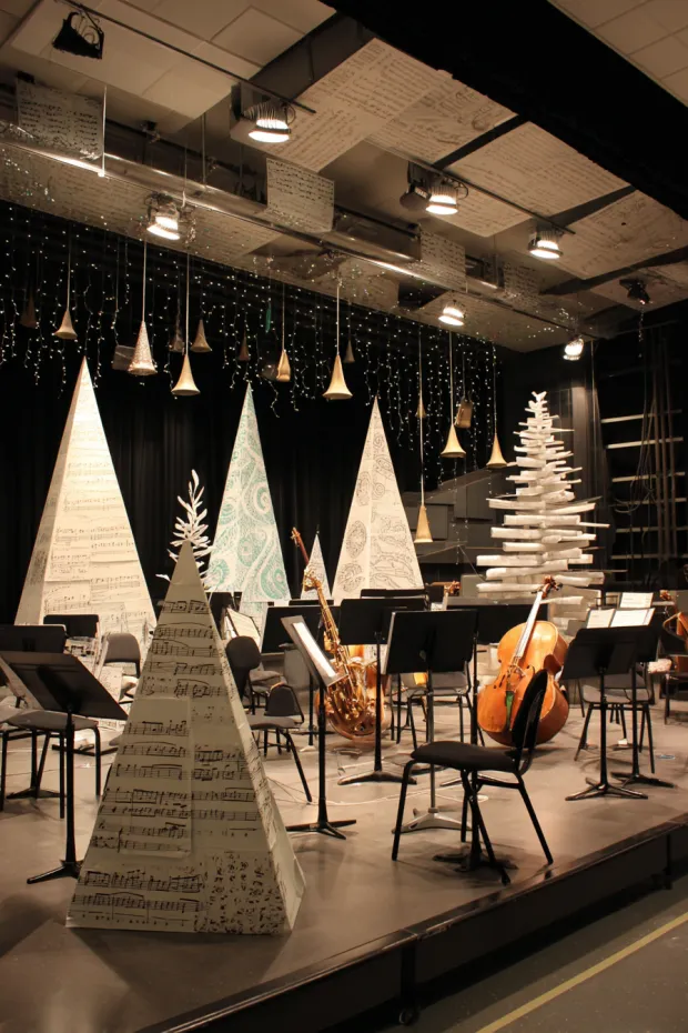 Music Classroom with Staff Paper Trees and Bell Ornament Instruments