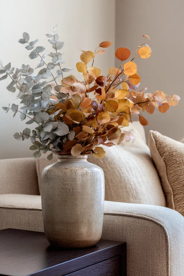 Eucalyptus and Fall Leaves Corner Vignette