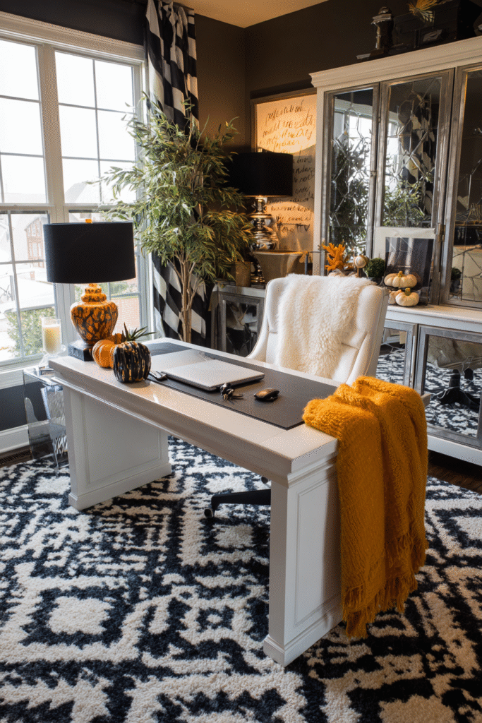 Home Office Workspace Black White and Orange Halloween Decor Ideas