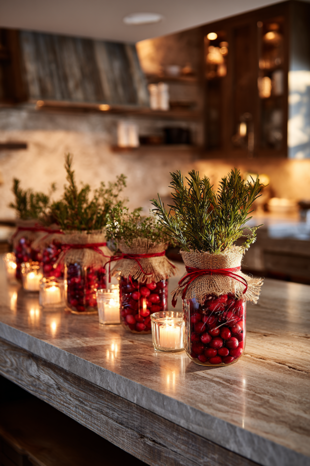 Kitchen Island with Mason Jar Cranberry Candles and Paper Luminaries