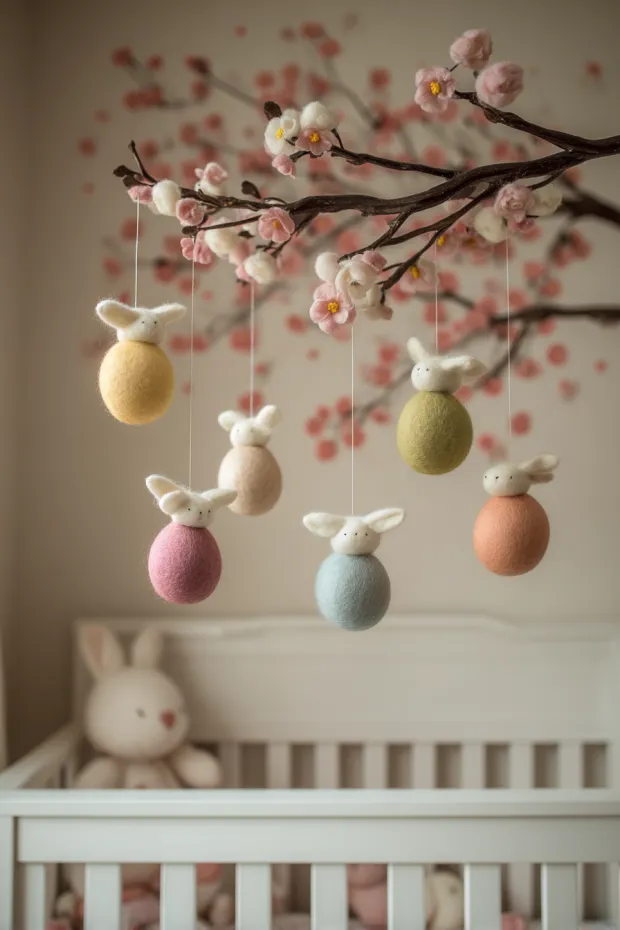 Nursery with Felt Easter Egg Mobile and Cherry Blossom Wall Decals