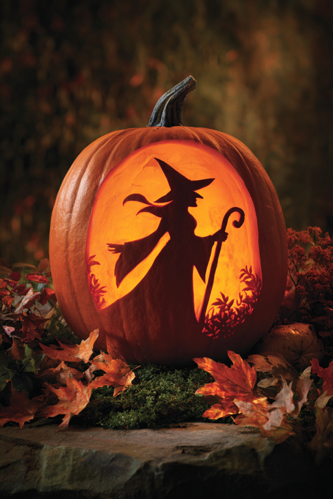 Witch Silhouette Pumpkin with Negative Space Carving Design