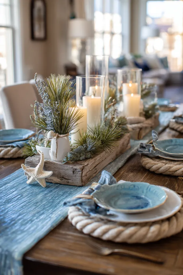 Coastal Holiday Dining Table with Nautical Christmas Touches