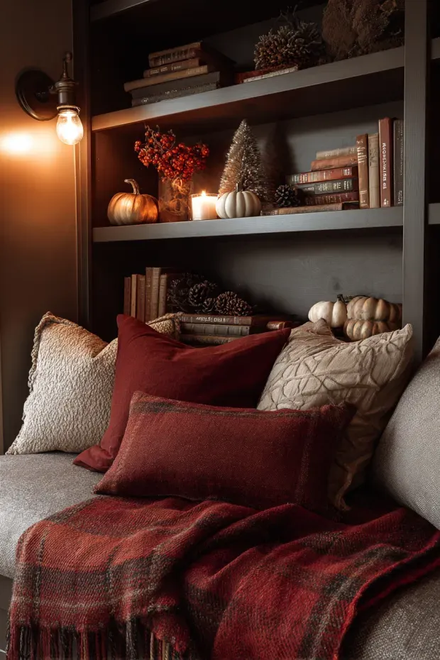 Cozy Reading Nook with Pumpkins, Pinecones, and Holiday Textiles