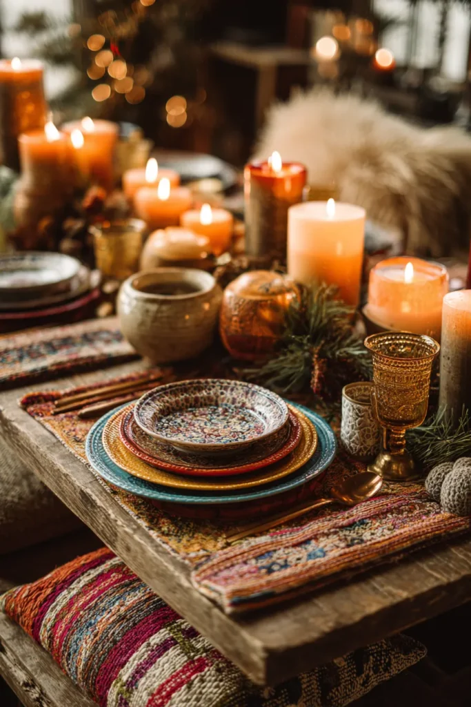 Bohemian Christmas Dining Table with Eclectic Festive Spirit