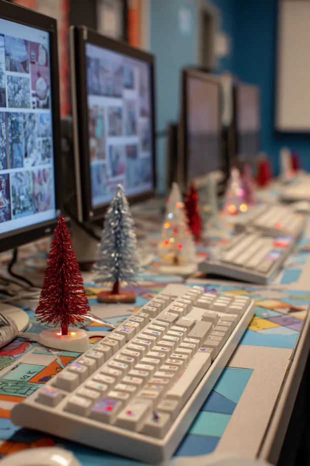 Computer Lab with Digital Christmas Cards and LED Desktop Trees
