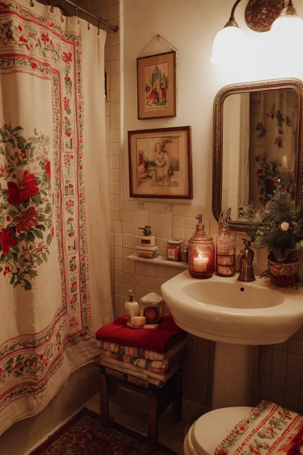 Retro Christmas Bathroom with Vintage Holiday Accessories