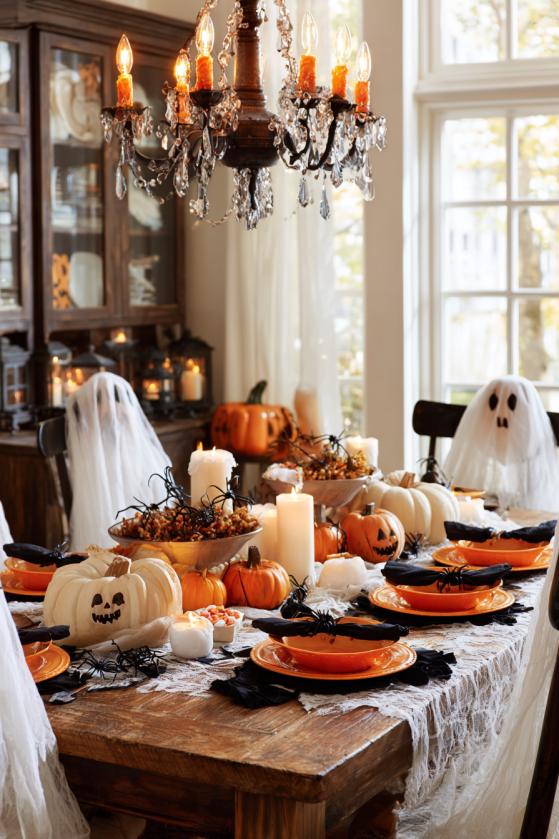 Dining Room Halloween Table Setting with Orange Dishes