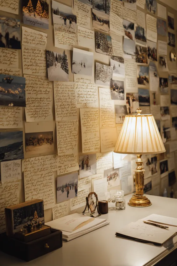 Home Office Wall with Family Christmas Photo Timeline and Calligraphy Quotes