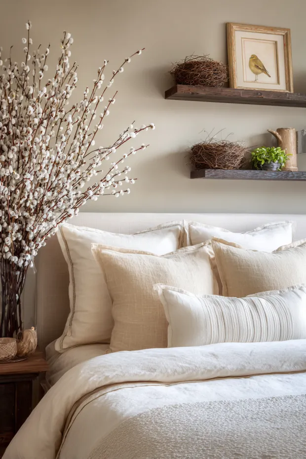 Master Bedroom with Pussy Willow Headboard and Linen Ribbon Trim