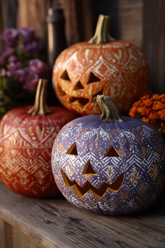 Stenciled Pattern Paint with Small Carved Shape Geometric Accents