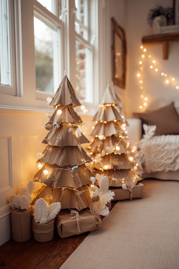 Studio Apartment Corner with Cardboard Christmas Trees and Felt Ornaments