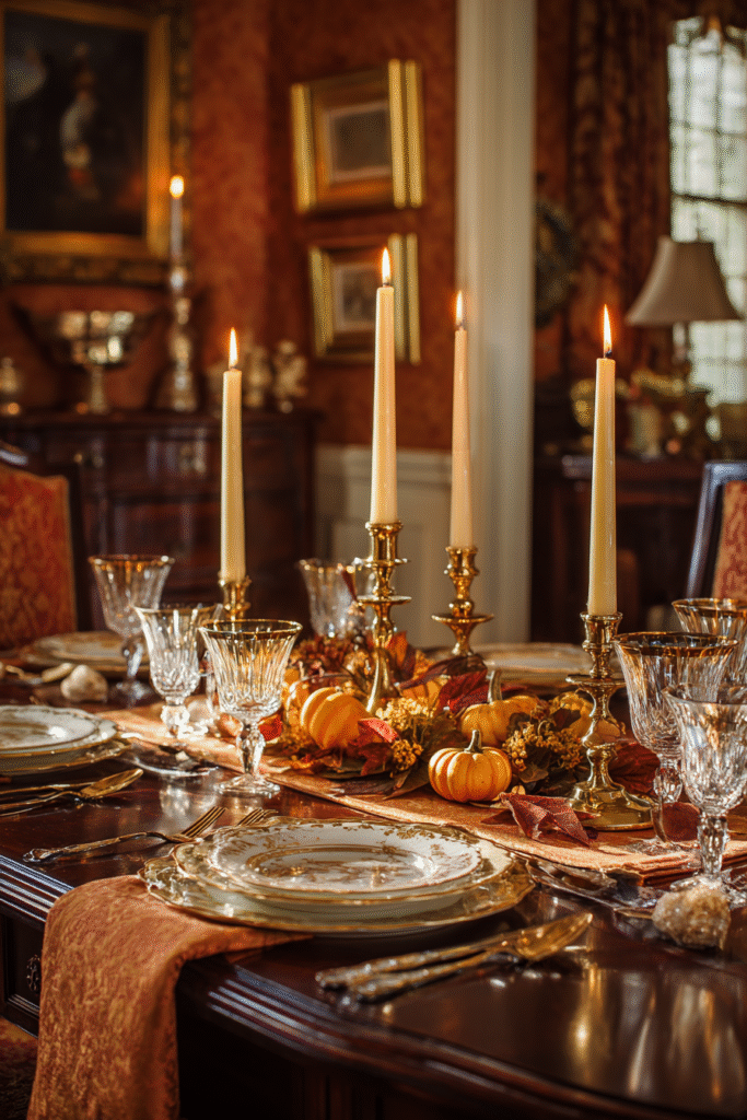Traditional Thanksgiving Decorations Table Setting with Candles