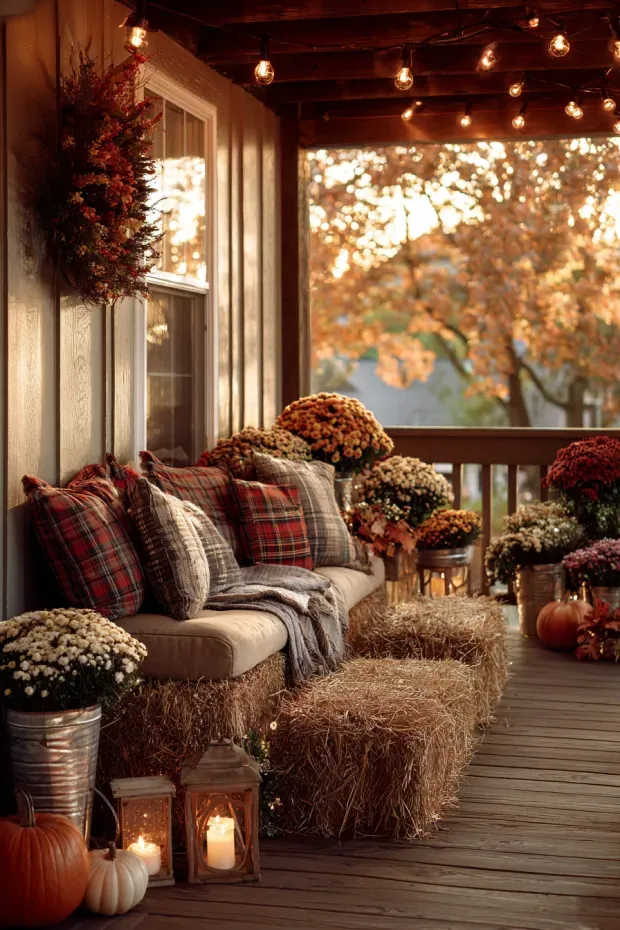 Outdoor Front Porch Decor with Hay Bales and Evergreens